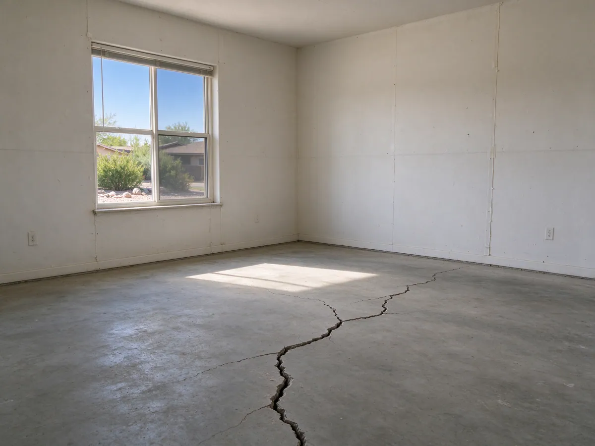 Branching crack across a broadly flat exposed concrete floor in an empty room, representative North Las Vegas setting