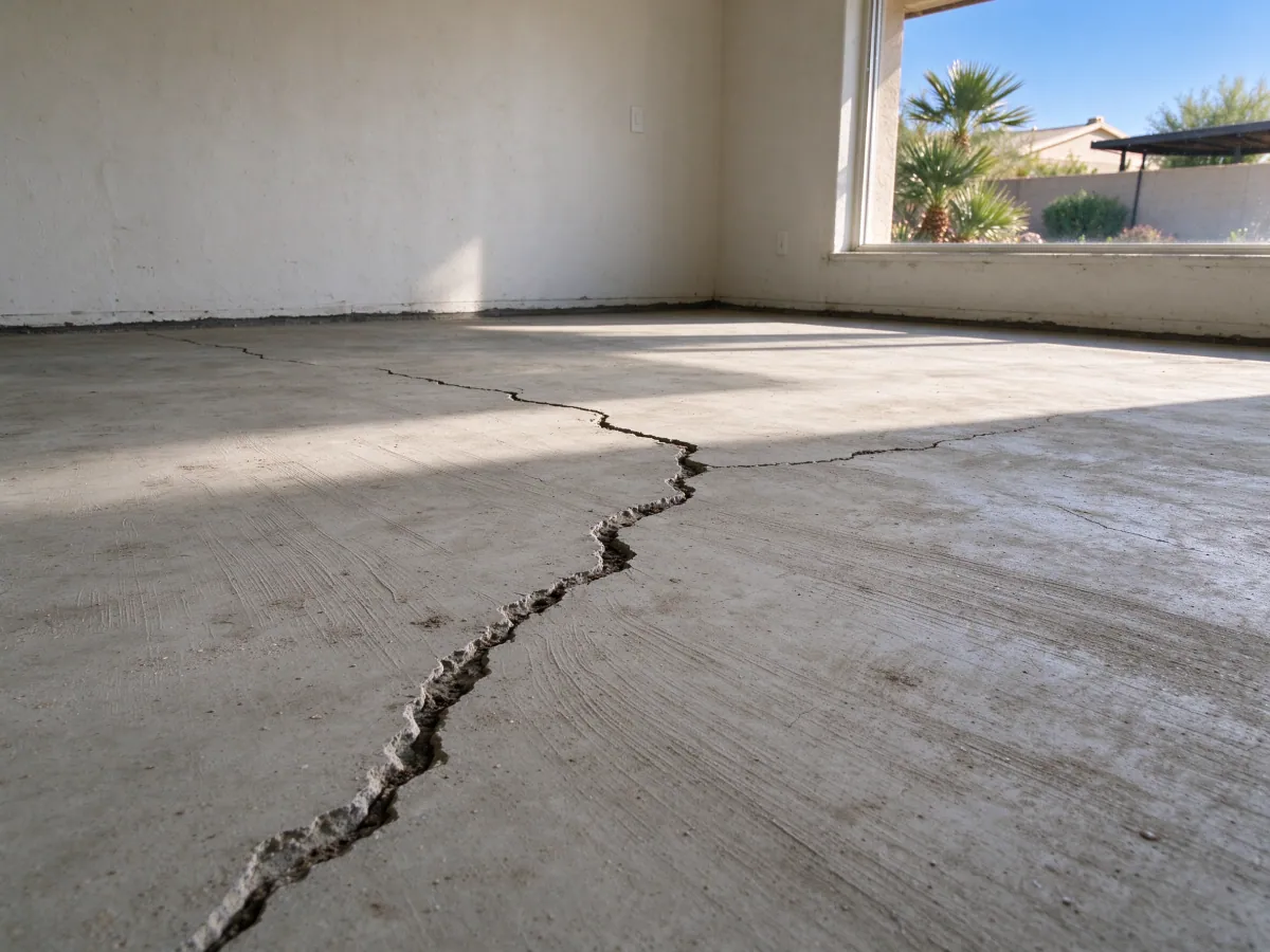 Branching crack in an exposed concrete floor inside a residential room, representative North Las Vegas setting