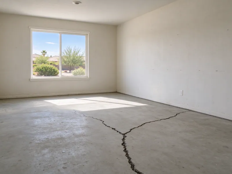 Branching cracks across an exposed concrete floor in an empty residential room, representative North Las Vegas setting
