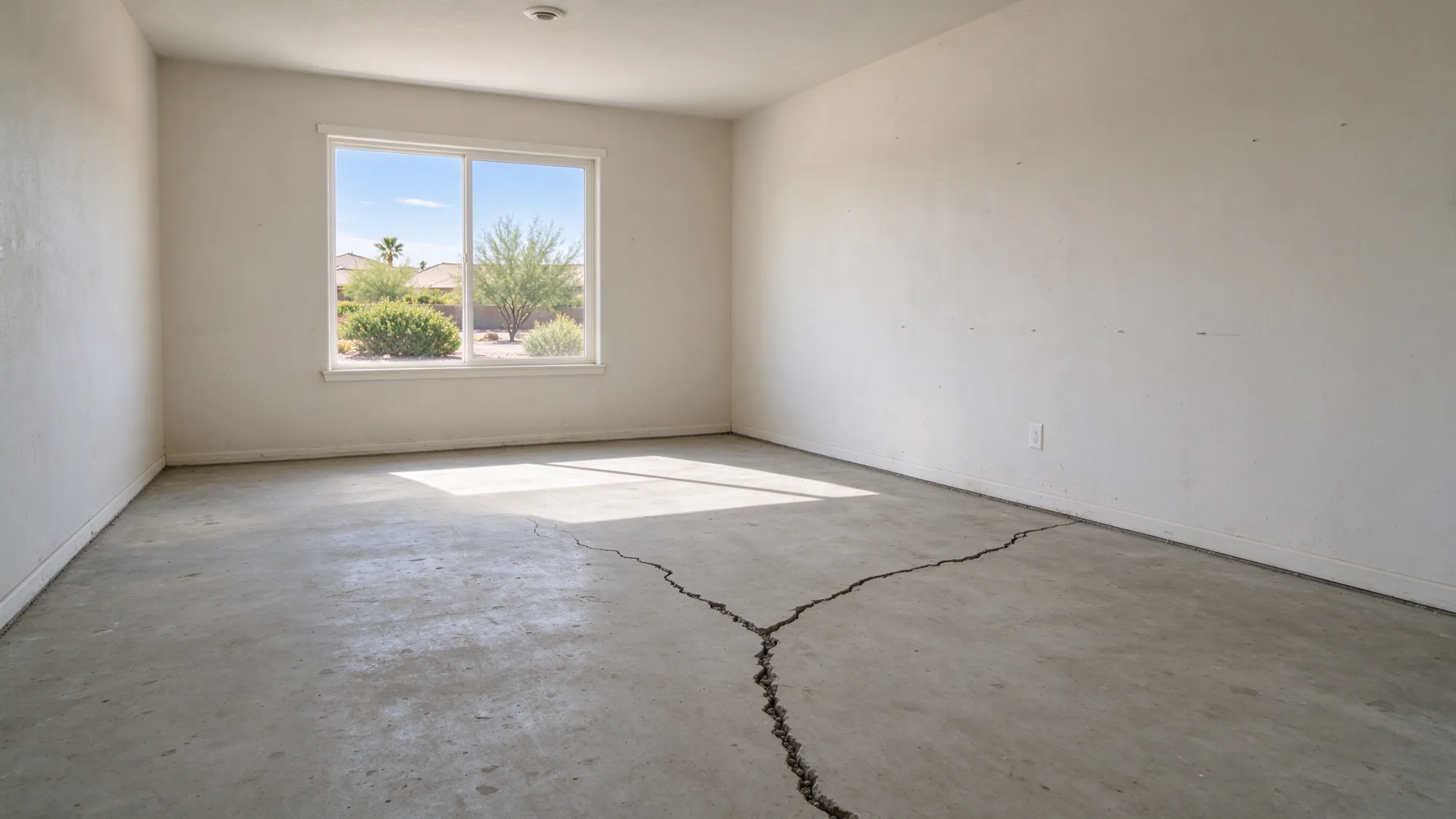 Branching cracks across an exposed concrete floor in an empty residential room, representative North Las Vegas setting