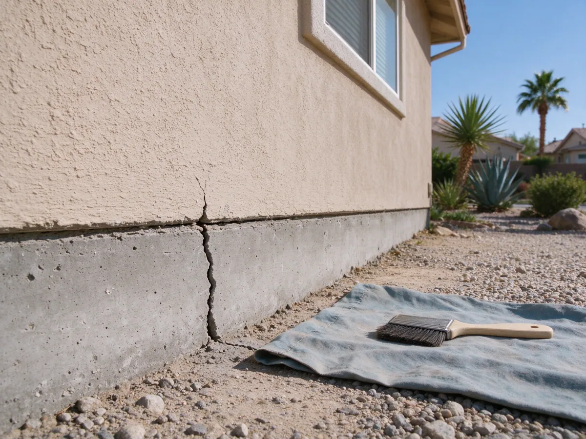Brush and drop cloth beside a cracked concrete foundation beneath a stucco wall, representative North Las Vegas setting