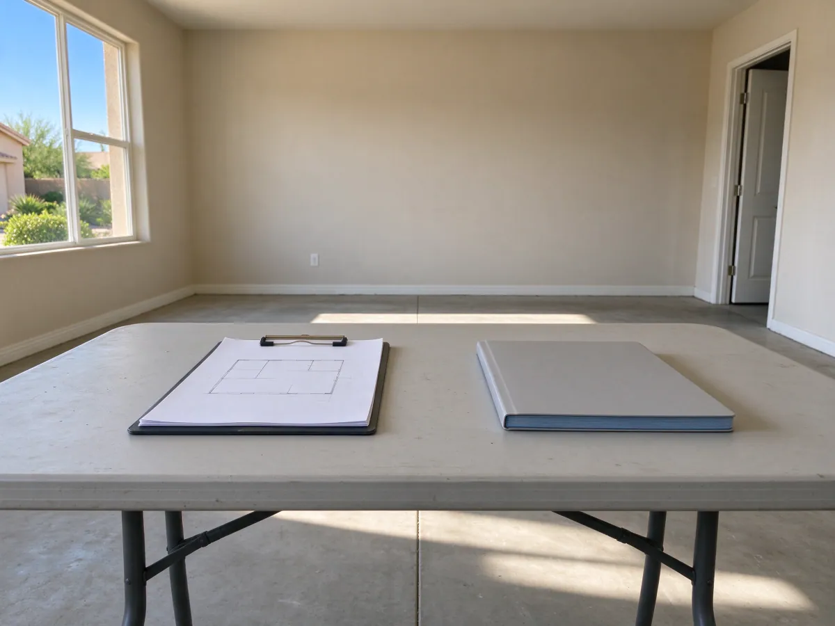 Clipboard with a simple floor outline and a closed binder on a table in an empty room, representative North Las Vegas setting