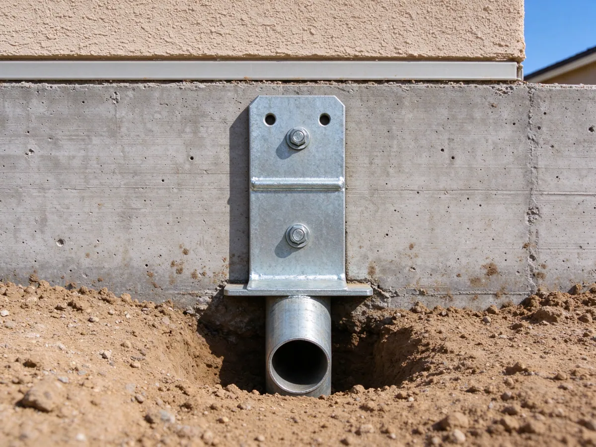 Close view of a steel support bracket bolted to the face of an existing footing, representative North Las Vegas, Nevada setting