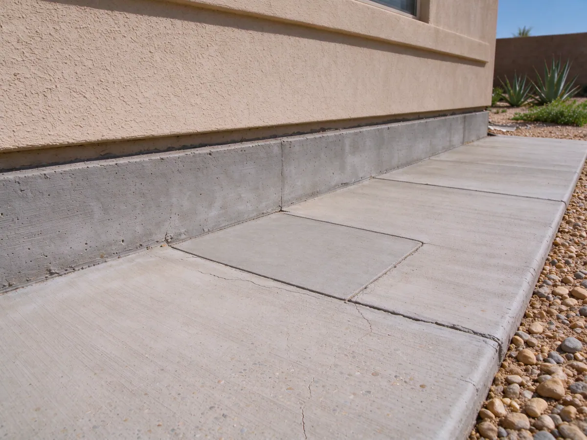 Closed rectangular concrete walkway patch beside the same house foundation, representative North Las Vegas setting