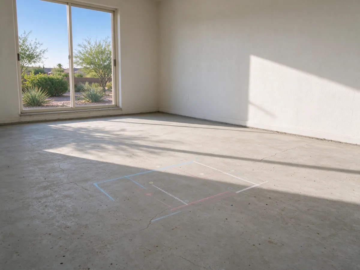 Colored surface markings on an exposed residential concrete slab before access work, representative North Las Vegas setting
