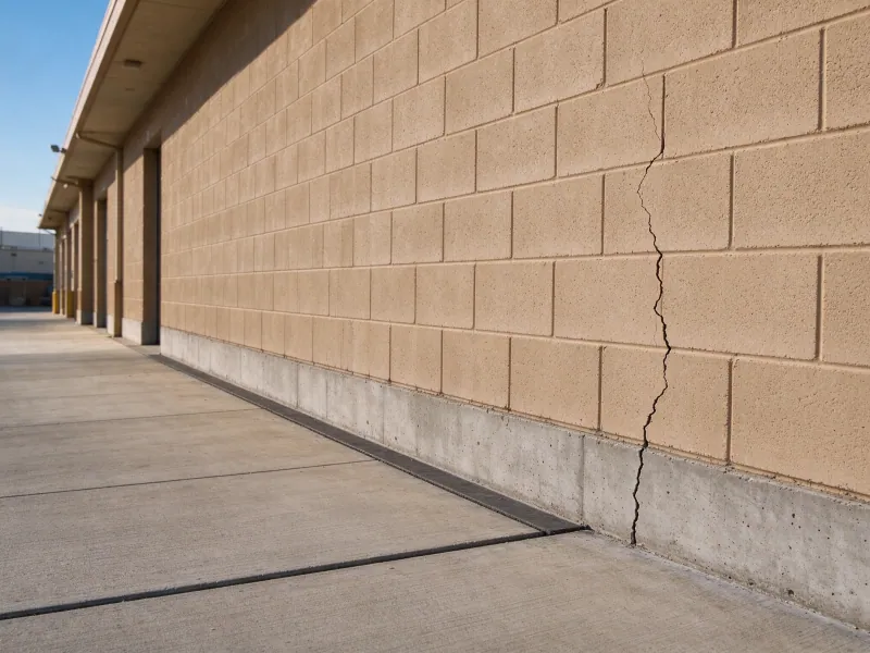 Crack in the concrete foundation base of a block commercial building beside an intact sidewalk, representative North Las Vegas, Nevada setting
