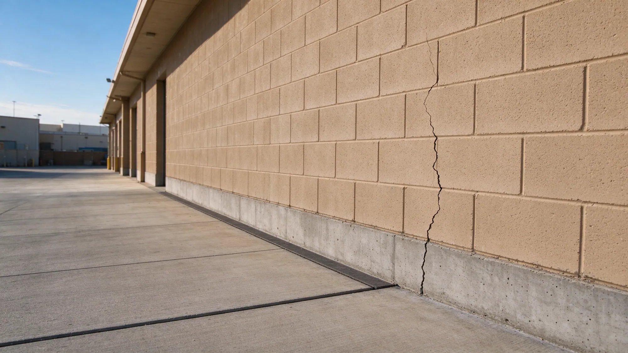 Crack in the concrete foundation base of a block commercial building beside an intact sidewalk, representative North Las Vegas, Nevada setting