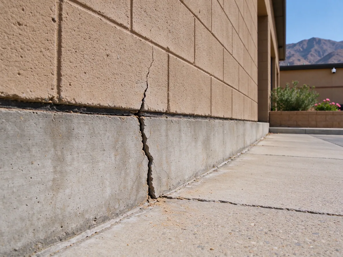 Crack through a commercial masonry wall and concrete foundation beside a concrete walkway, representative North Las Vegas setting