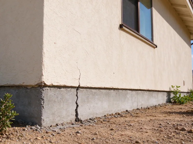 Cracked concrete foundation directly beneath a stucco house wall with desert landscaping, representing Las Vegas