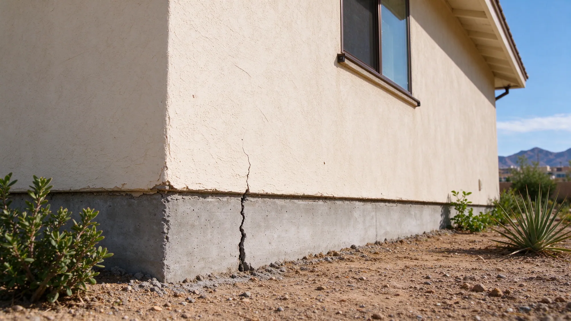 Cracked concrete foundation directly beneath a stucco house wall with desert landscaping, representing Las Vegas