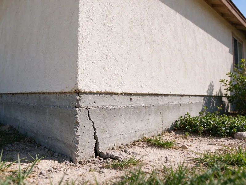 Cracked exposed concrete at the corner of a stucco home with gravel landscaping, representing Sunrise Manor