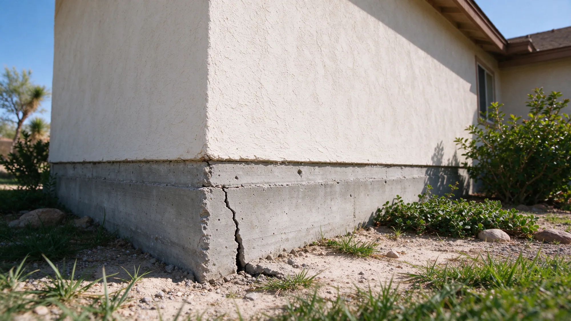 Cracked exposed concrete at the corner of a stucco home with gravel landscaping, representing Sunrise Manor