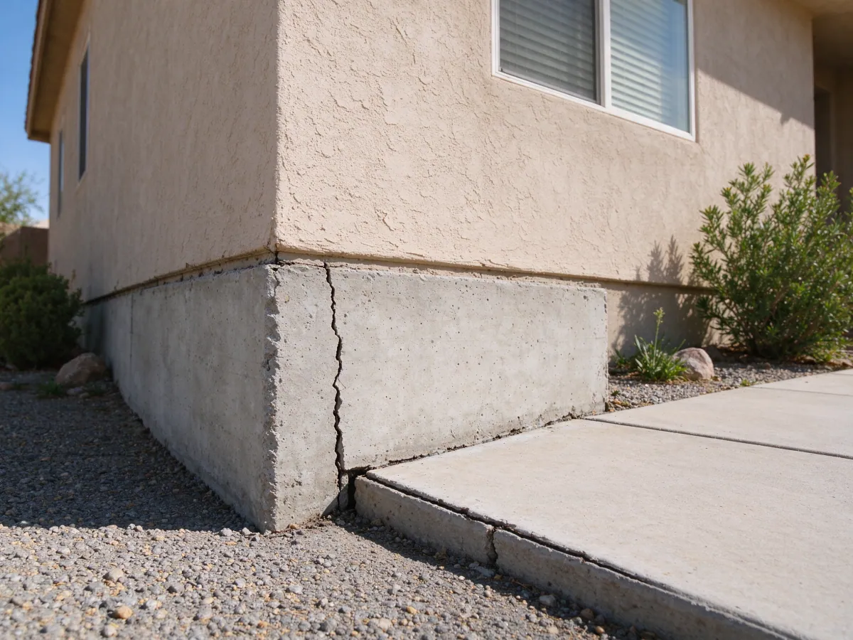Cracked foundation corner beside a separated concrete walkway edge, representative North Las Vegas setting