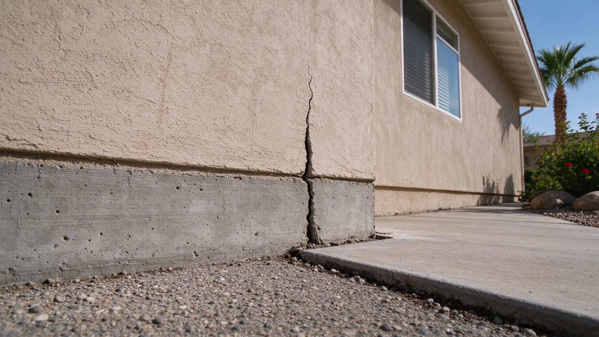 Cracked house foundation beside a separated walkway, representative North Las Vegas setting