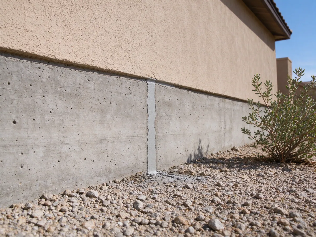 Cured repair band along a former crack in a foundation base, representative North Las Vegas, Nevada setting