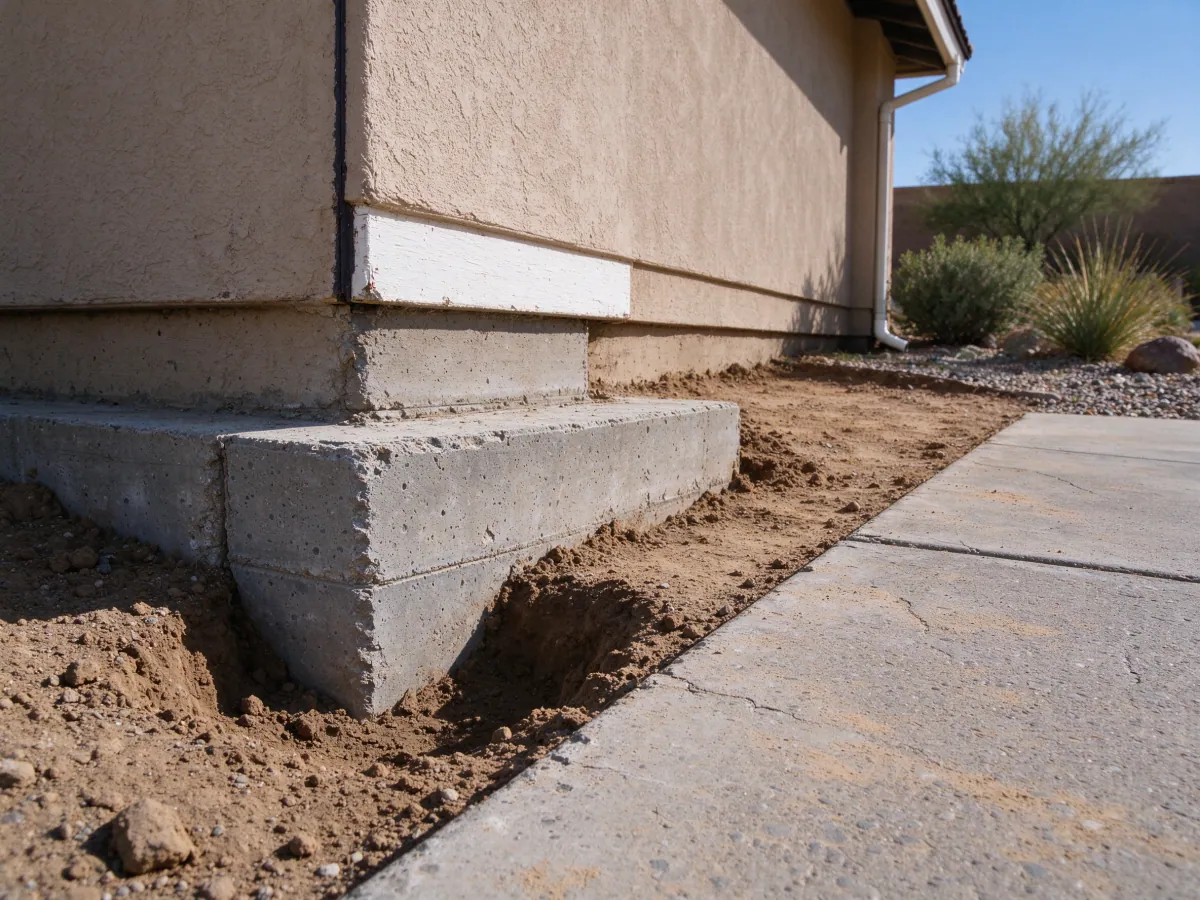 Exposed concrete footing at a planned support position beside a house corner, representative North Las Vegas setting
