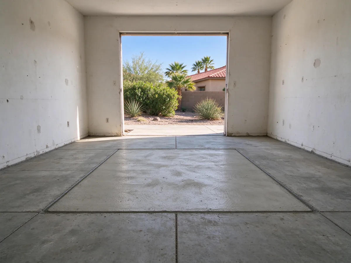 Flush concrete restoration panel within an existing residential floor slab, representative North Las Vegas setting