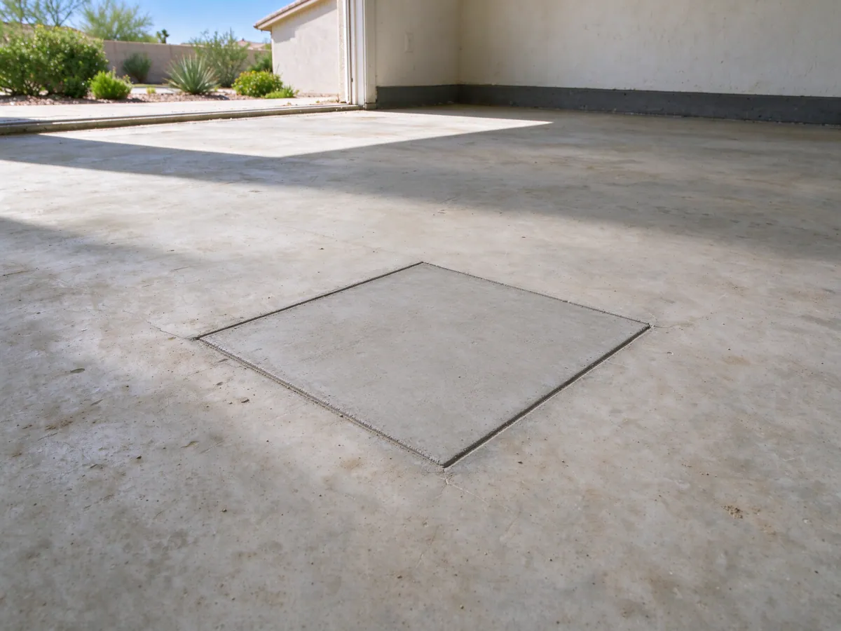 Flush rectangular concrete floor patch in the same open garage, representative North Las Vegas setting