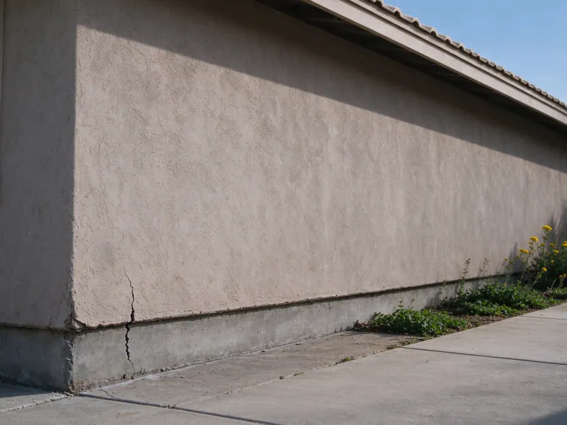 Foundation crack beneath a stucco house beside a paved access path, representing Spring Valley