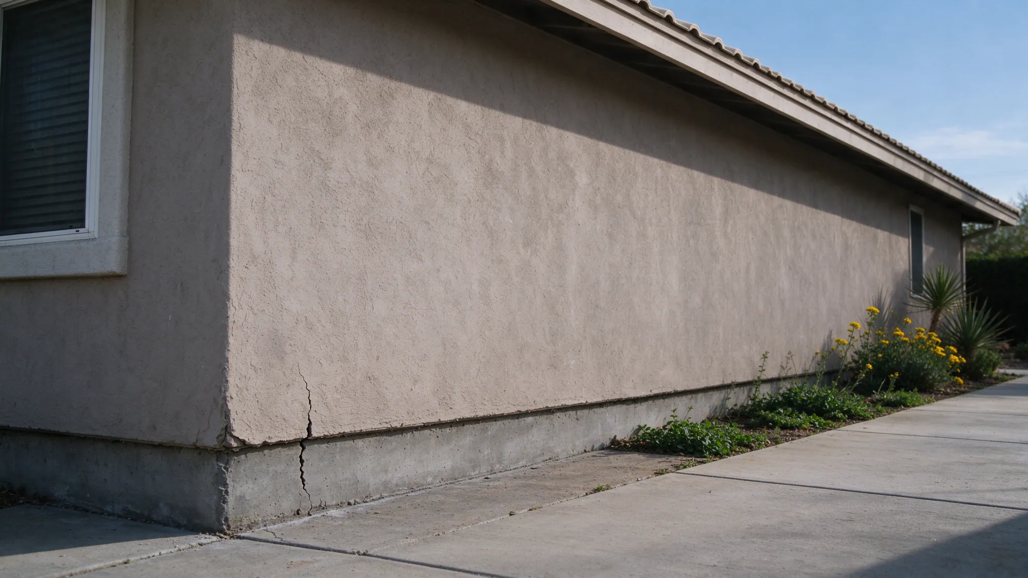 Foundation crack beneath a stucco house beside a paved access path, representing Spring Valley