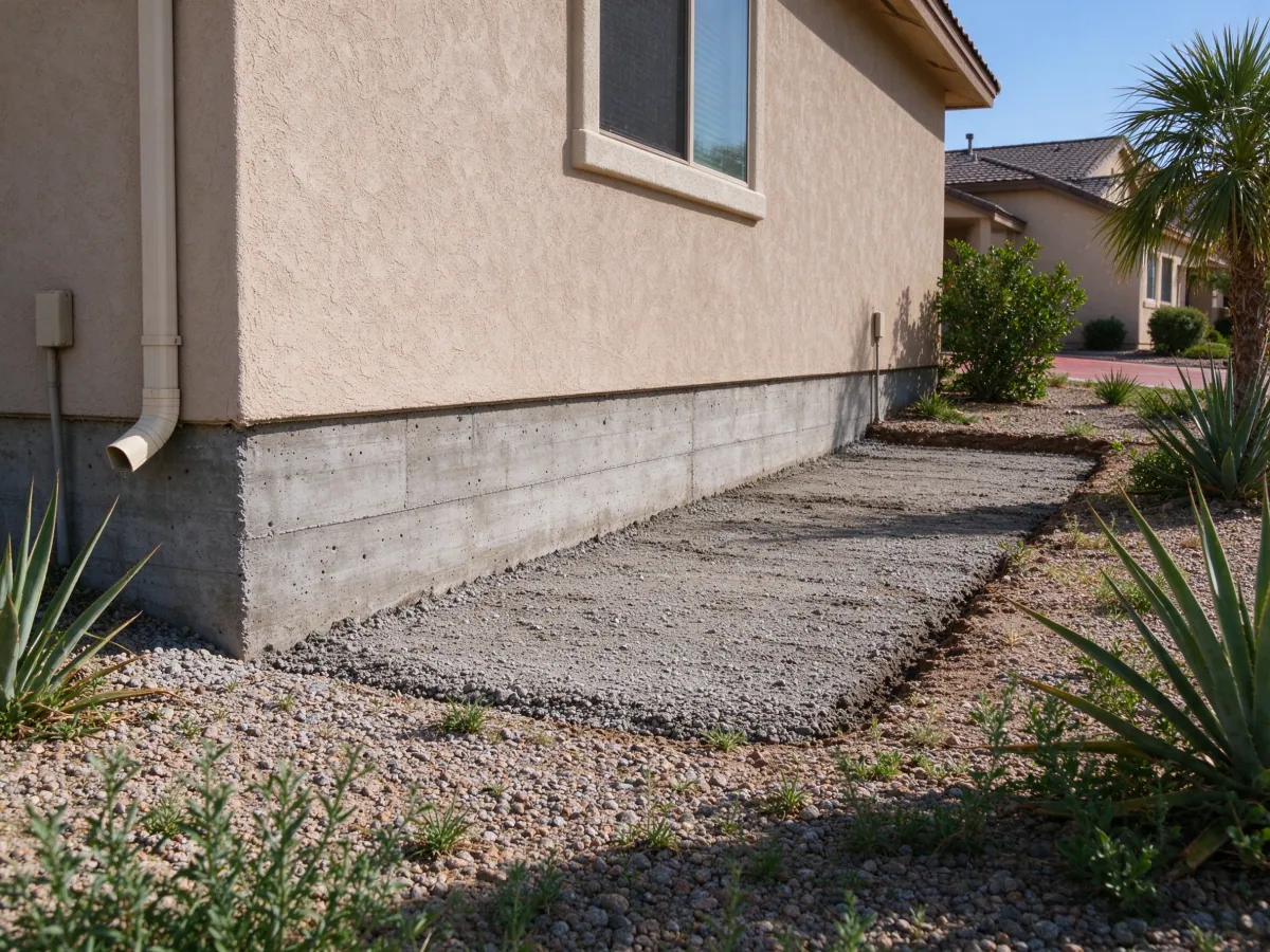 Graded aggregate restoration area beside an exposed house foundation, representative North Las Vegas setting
