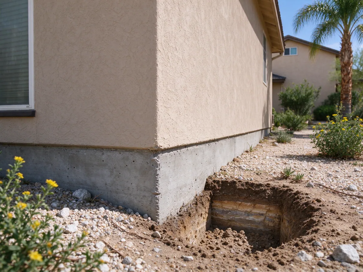 Ground layers exposed in a localized investigation opening beside a house foundation, representative North Las Vegas setting