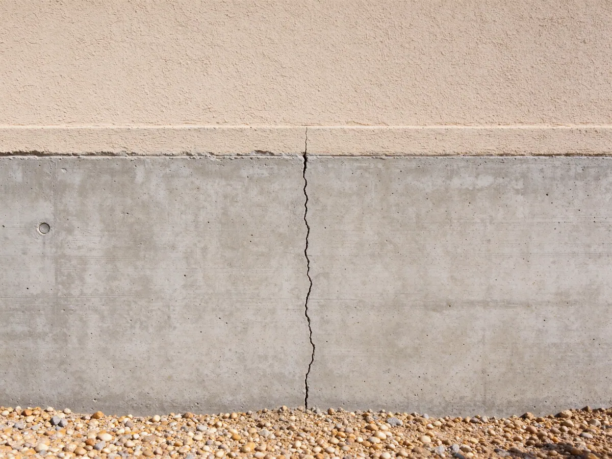 Hairline vertical crack in a house foundation base before repair, representative North Las Vegas, Nevada setting
