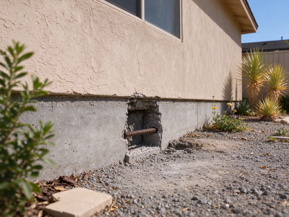 Localized concrete removal pocket exposing horizontal reinforcing steel beneath a stucco wall, representative North Las Vegas setting