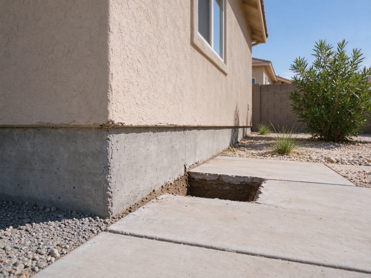 Localized paving access opening beside a stucco house foundation, representative North Las Vegas setting