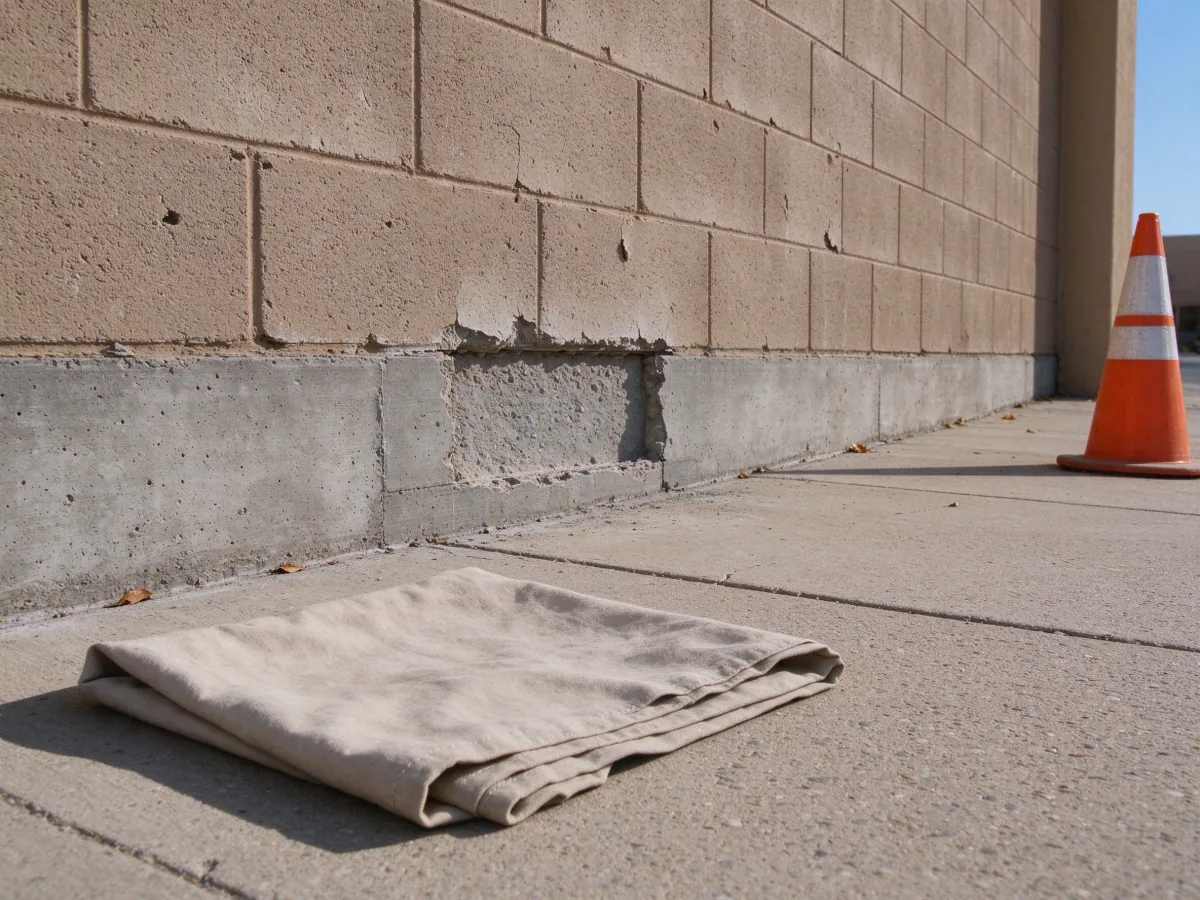 Localized repair recess at the foundation base of a block commercial building, representative North Las Vegas, Nevada setting