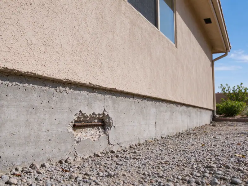 Localized spalling exposes reinforcing steel in the concrete stem wall beneath a stucco house, representative North Las Vegas setting