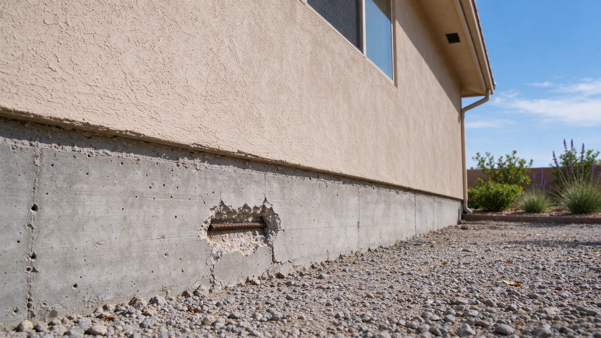 Localized spalling exposes reinforcing steel in the concrete stem wall beneath a stucco house, representative North Las Vegas setting