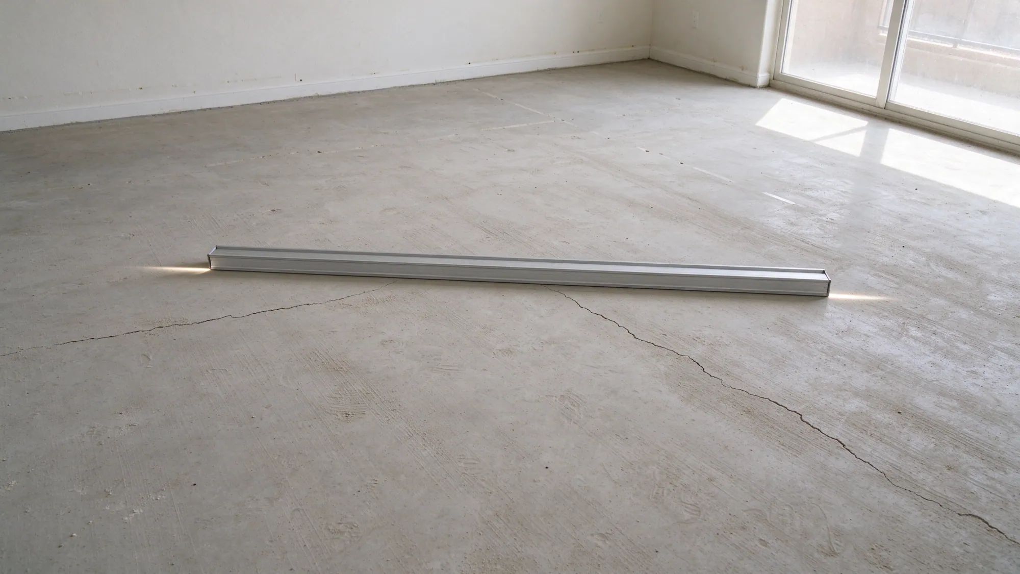 Long straightedge showing small gaps at both ends on a gently raised interior slab, representative North Las Vegas, Nevada setting