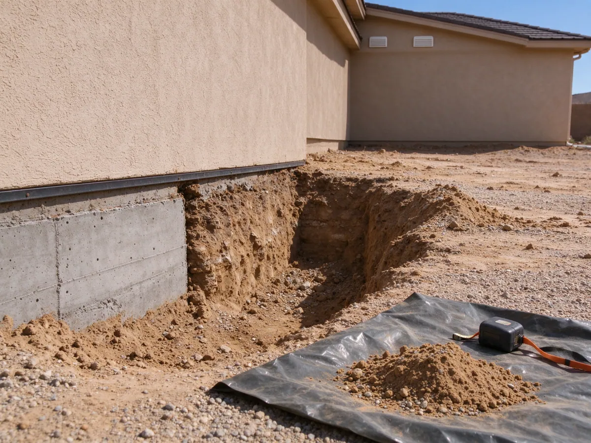 Narrow excavation exposing the face of a house footing for assessment, representative North Las Vegas, Nevada setting