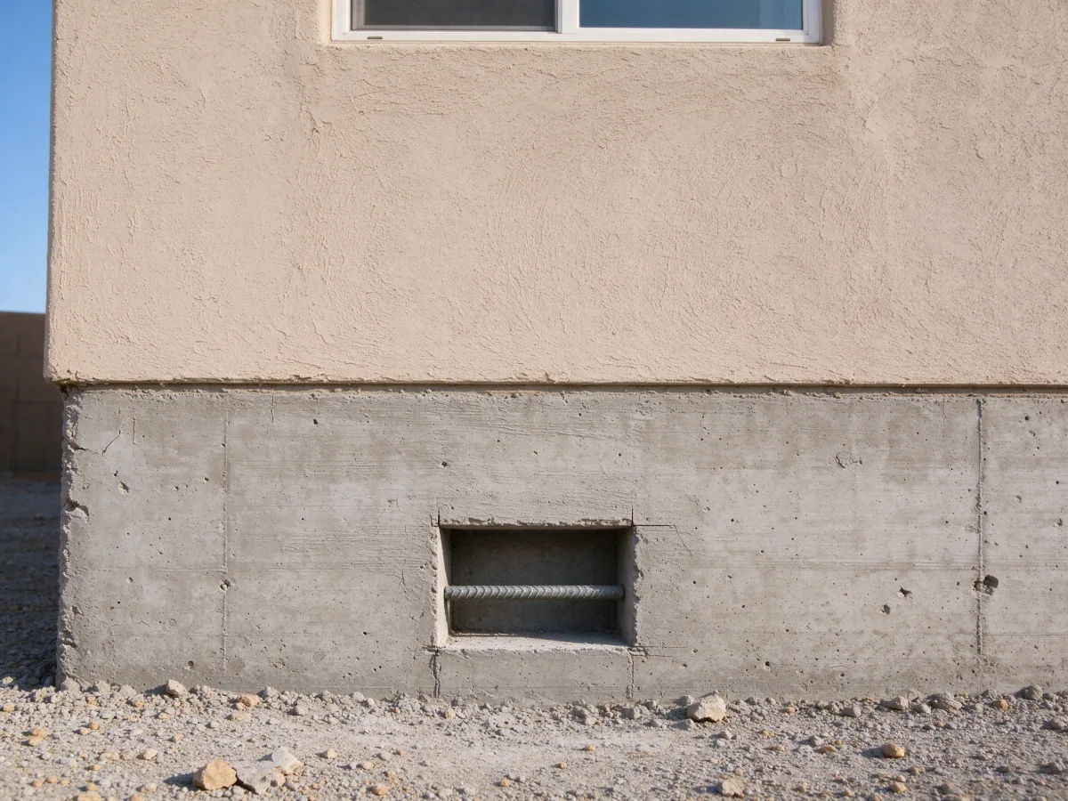Prepared repair recess with cleaned reinforcing steel in a foundation wall, representative North Las Vegas, Nevada setting