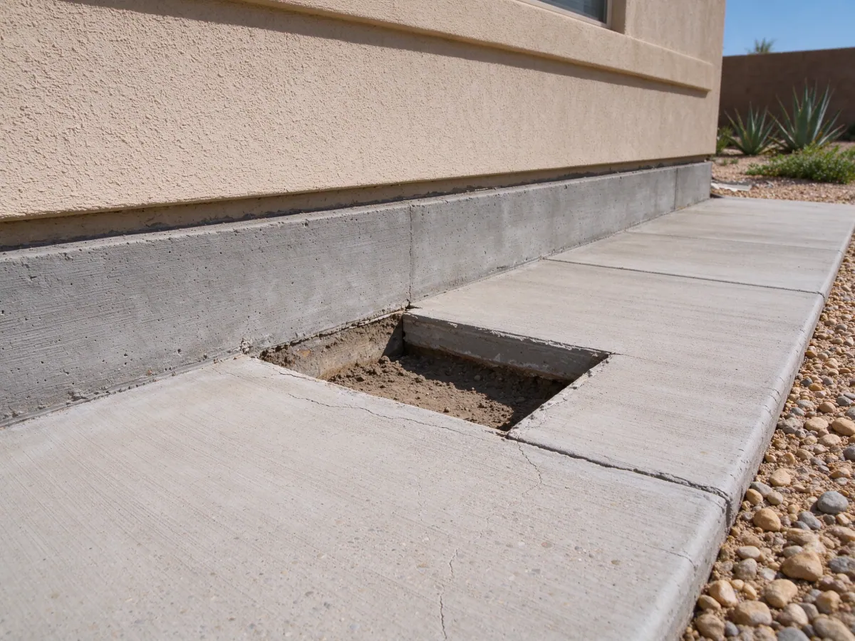 Rectangular access opening in a concrete walkway beside a house foundation, representative North Las Vegas setting