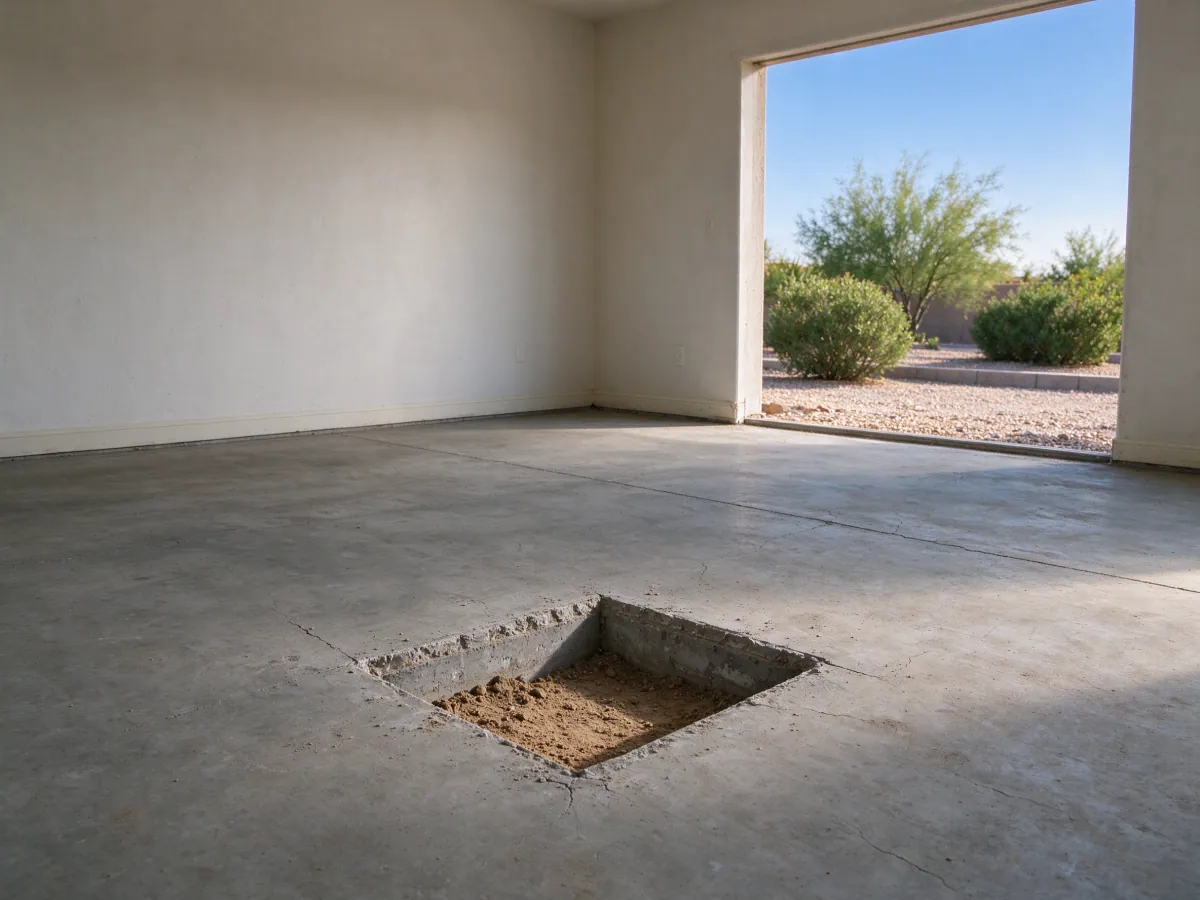 Rectangular access opening through a residential concrete slab with soil visible below, representative North Las Vegas setting