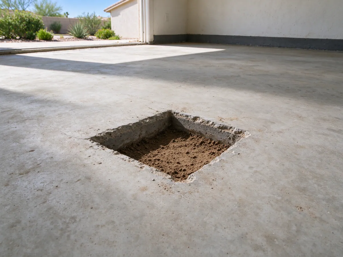 Rectangular concrete slab access opening in an empty open garage, representative North Las Vegas setting