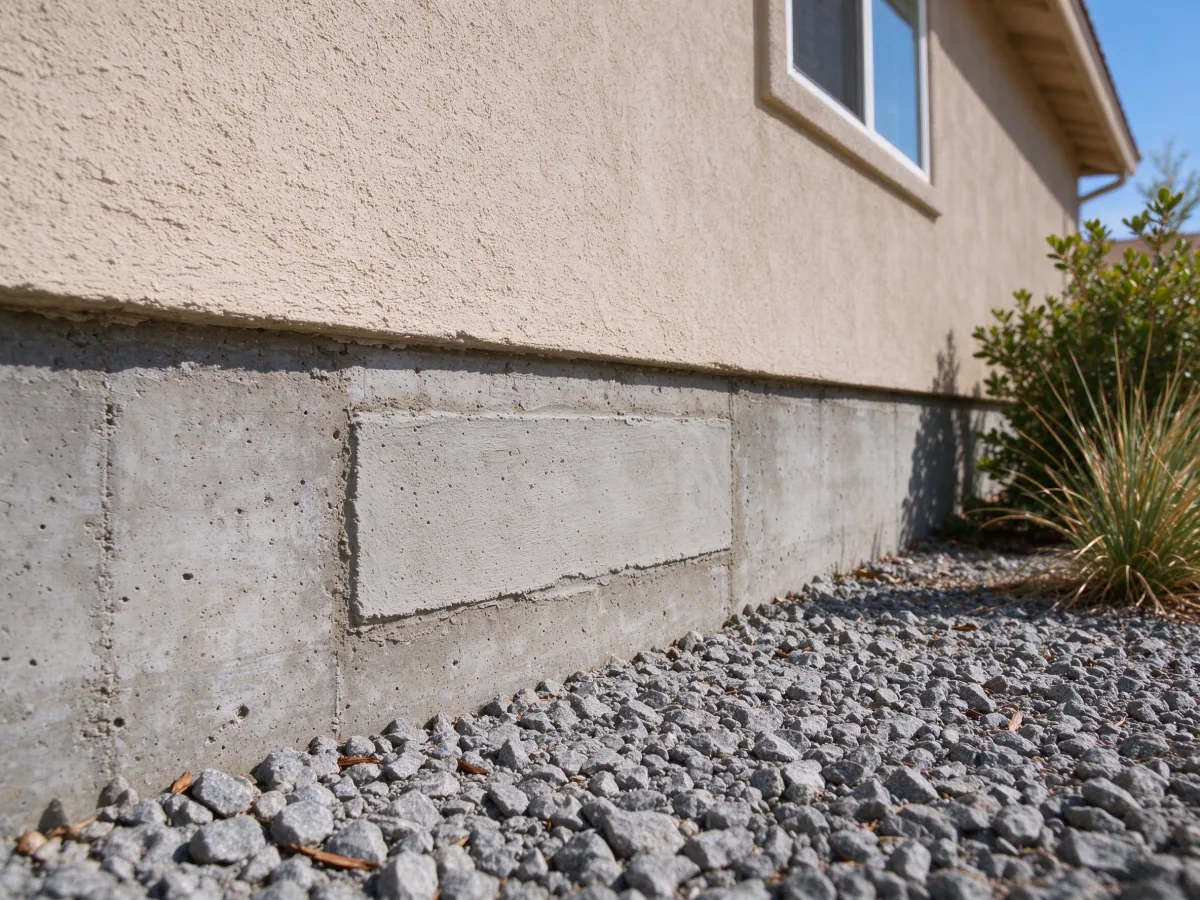Rectangular concrete surface patch in an exposed house foundation above gravel landscaping, representative North Las Vegas setting
