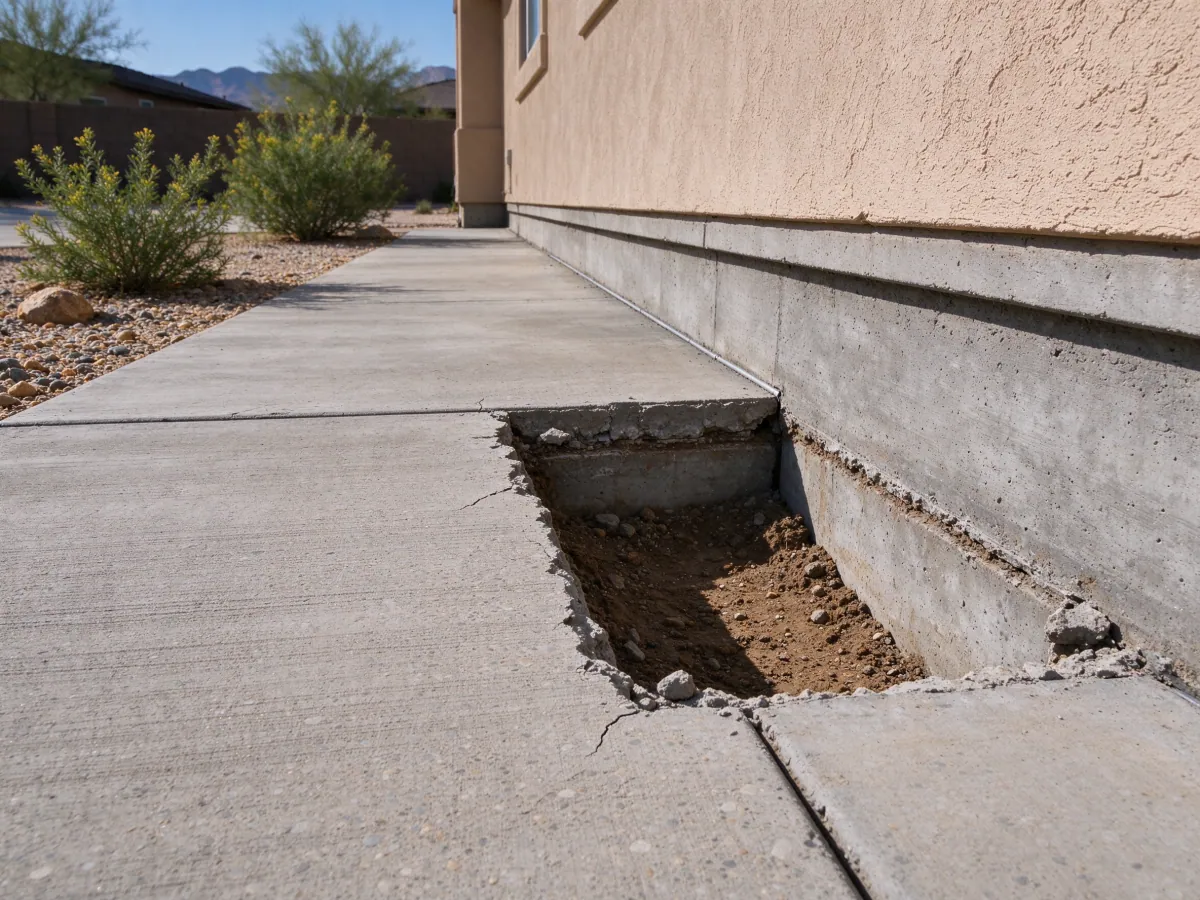 Rectangular walkway access opening exposing the side of a continuous house foundation, representative North Las Vegas setting