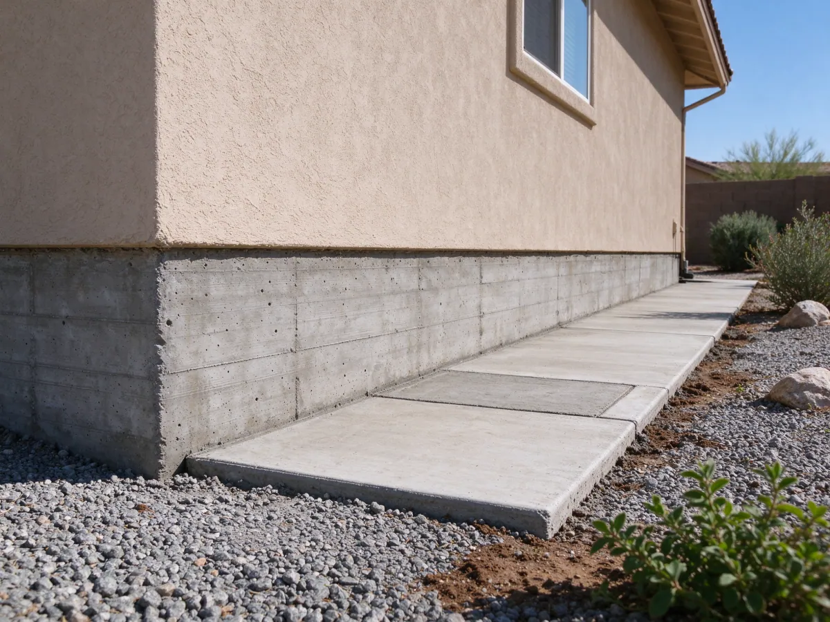 Restored concrete walkway and rectangular repair panel beside a house foundation, representative North Las Vegas setting