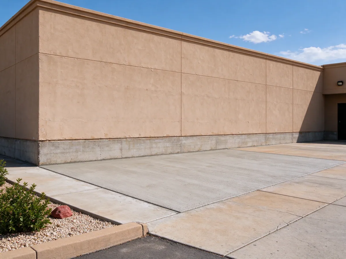 Restored rectangular concrete paving area beside a commercial building foundation, representative North Las Vegas setting
