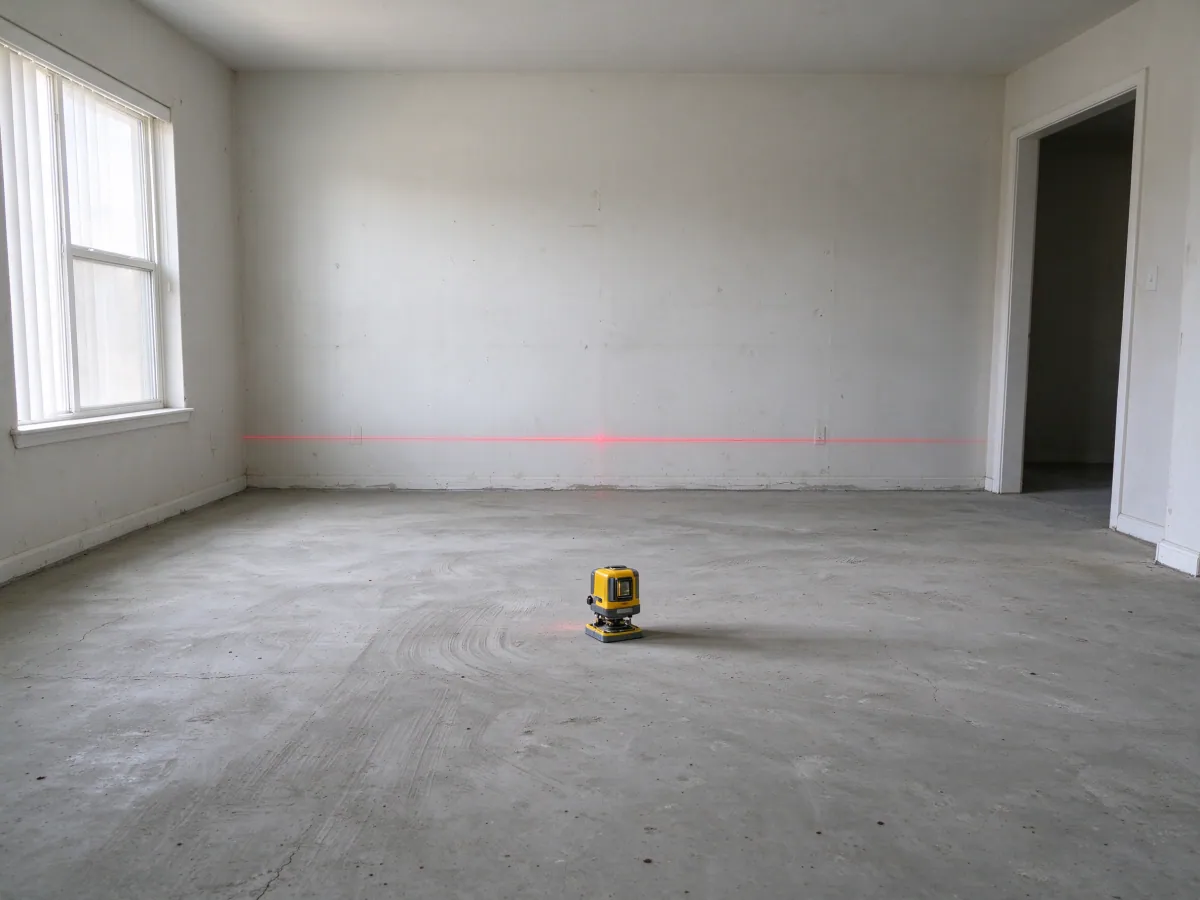 Self-leveling laser projecting a reference line in a room with a bare slab, representative North Las Vegas, Nevada setting