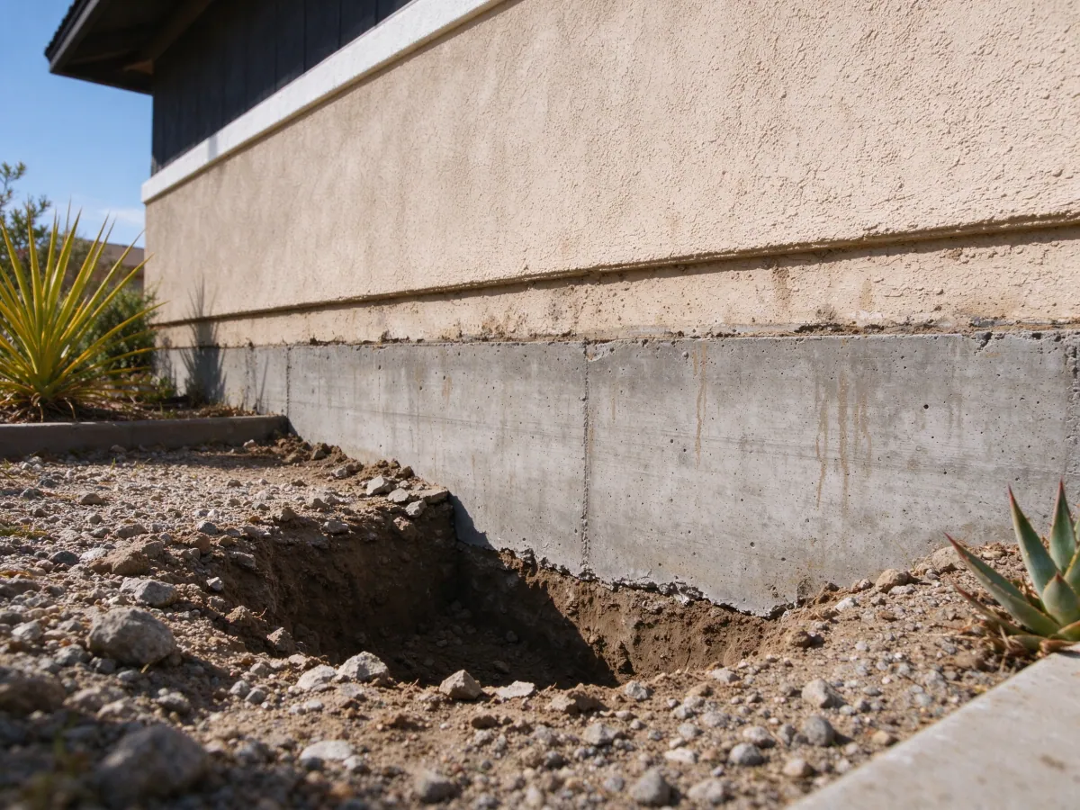 Shallow investigation opening beside the continuous concrete foundation of a stucco house, representative North Las Vegas setting