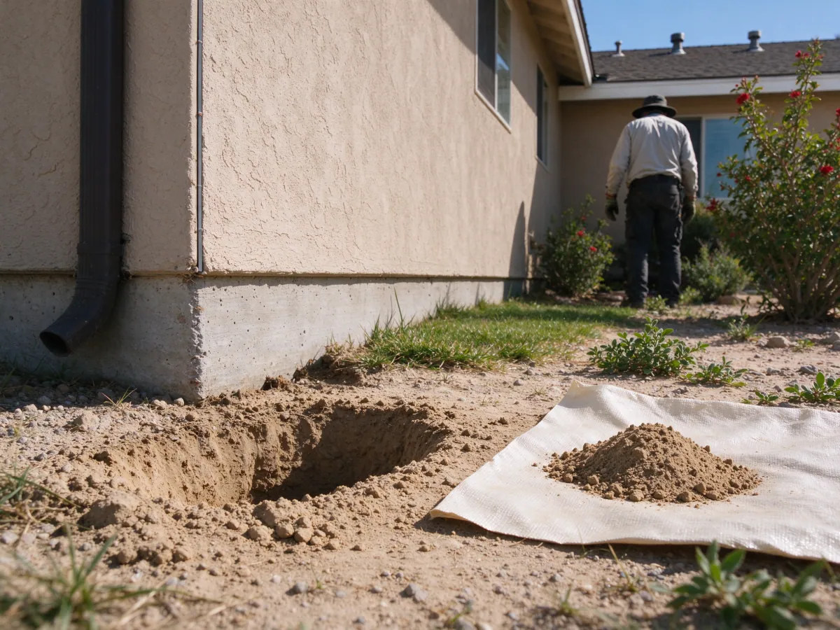Soil sample on a cloth beside an investigation opening, with a person seen from behind in the background, representative North Las Vegas setting