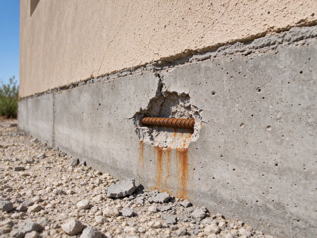Spalled concrete exposing corroded reinforcing steel in a foundation wall, representative North Las Vegas, Nevada setting