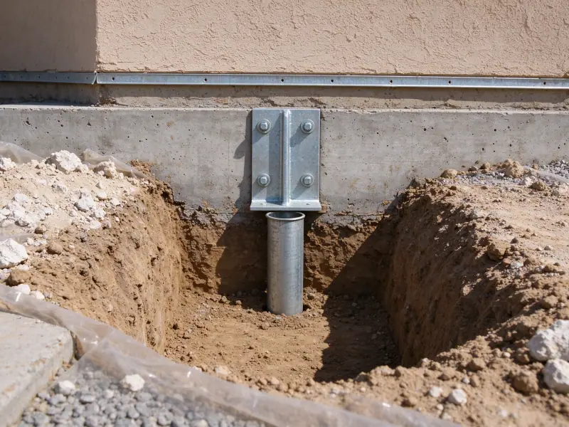 Steel underpinning bracket bolted to an exposed house footing in a narrow excavation, representative North Las Vegas, Nevada setting