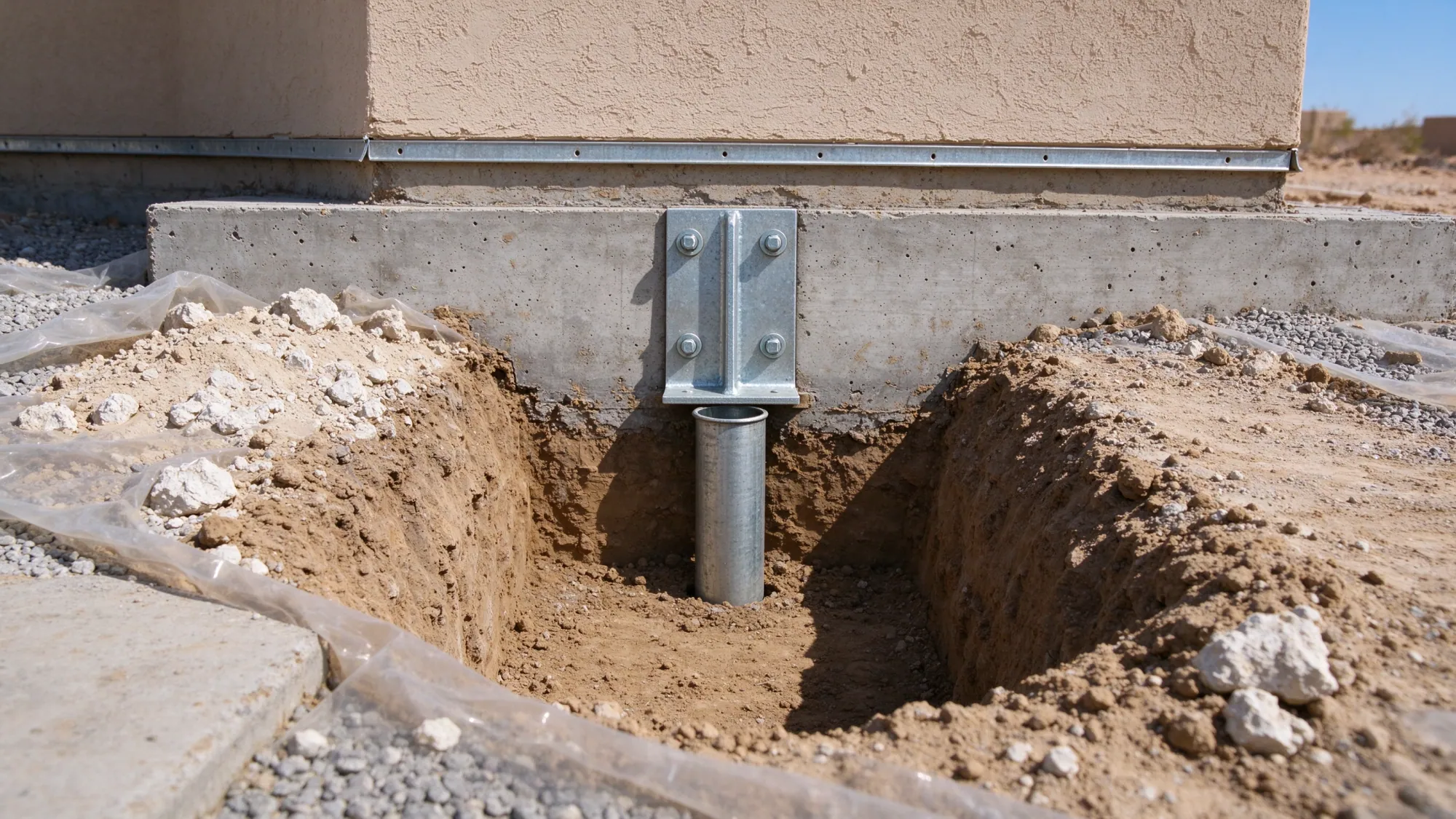 Steel underpinning bracket bolted to an exposed house footing in a narrow excavation, representative North Las Vegas, Nevada setting