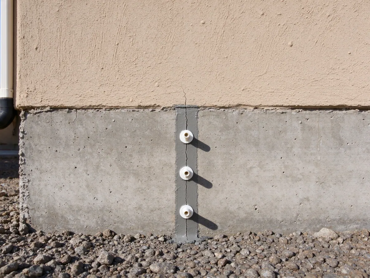 Surface injection ports spaced along a sealed vertical foundation crack, representative North Las Vegas, Nevada setting