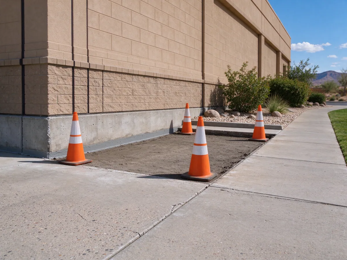 Traffic cones around a shallow paving access area beside a commercial building foundation, representative North Las Vegas setting
